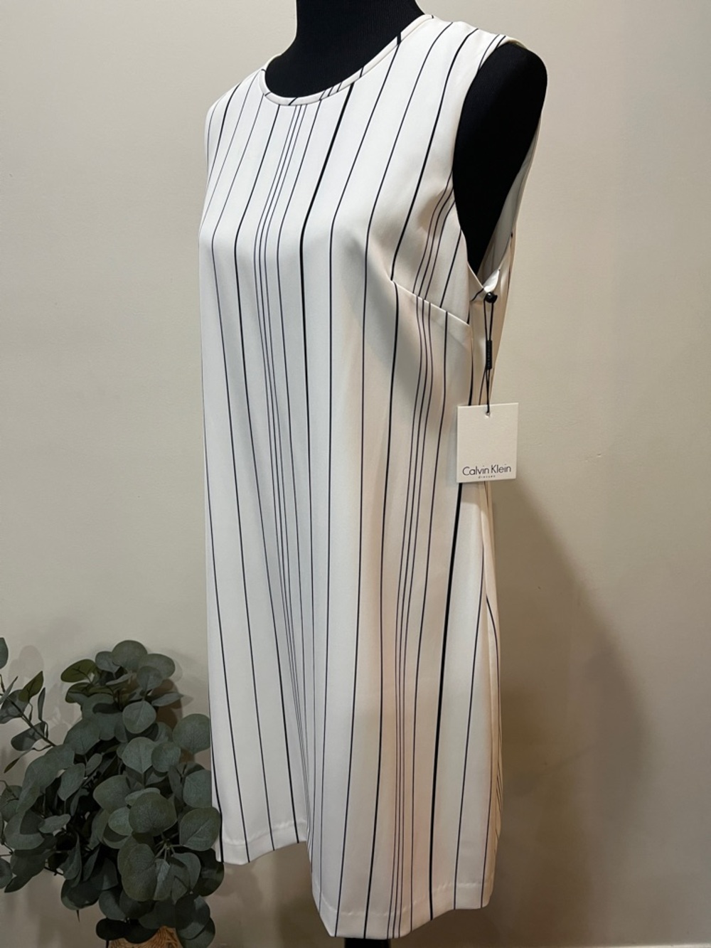 Calvin Klein White Pinstripe Sleeveless Shift